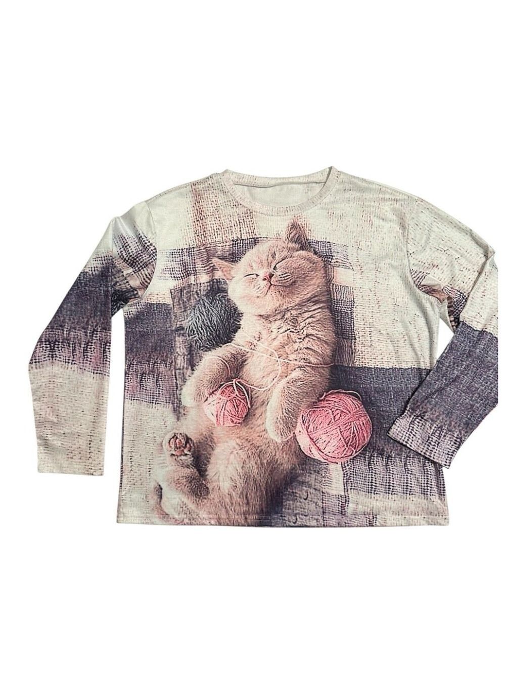 Kitten Kitty Cat Tee Shirt Womens XL White & Pink Long Sleeves Pull Over CUTE!